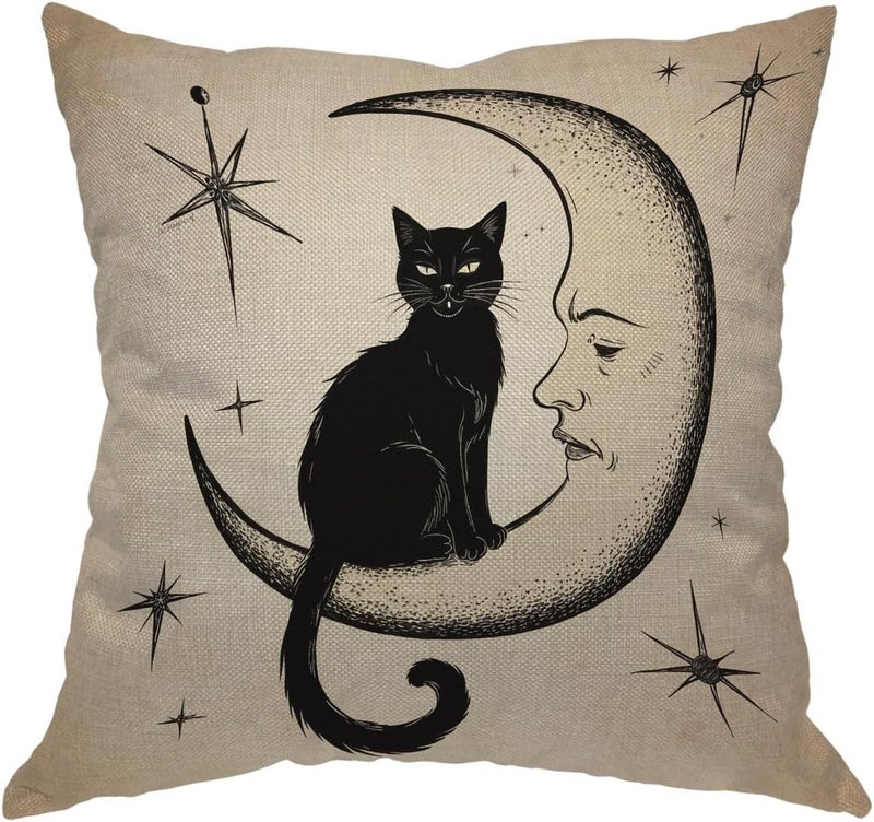 Moslion Cats Moon Throw Pillow Cover Pillow Case Black Cat Sits on The Moon Face Star Cotton Linen Pillow Case 18 x 18 Inch Cushion Cover for Sofa Living Room Light Brown - Image 1